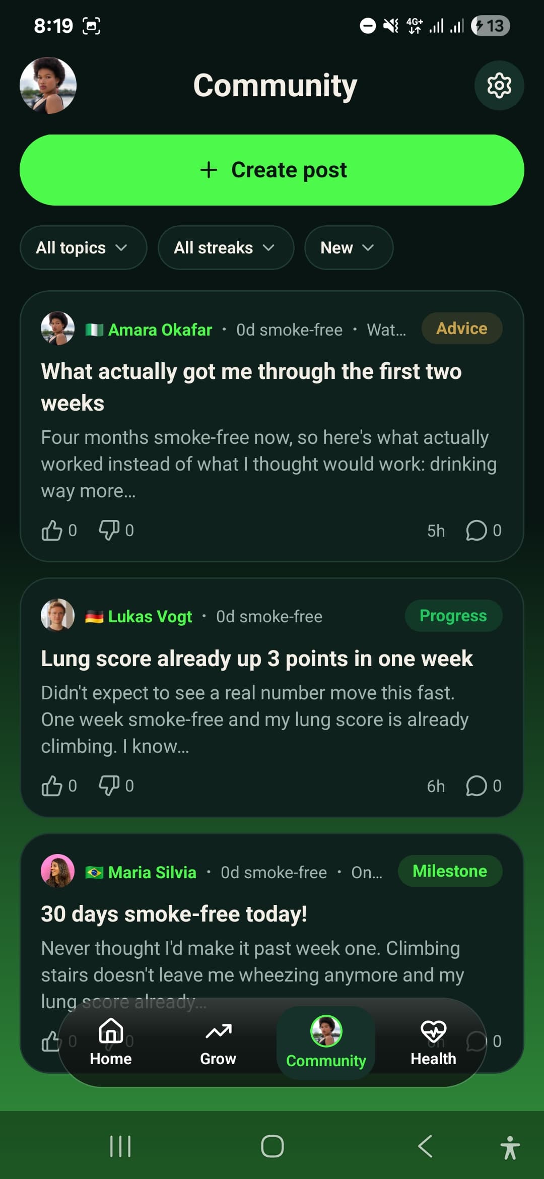 Community feed with posts and topics