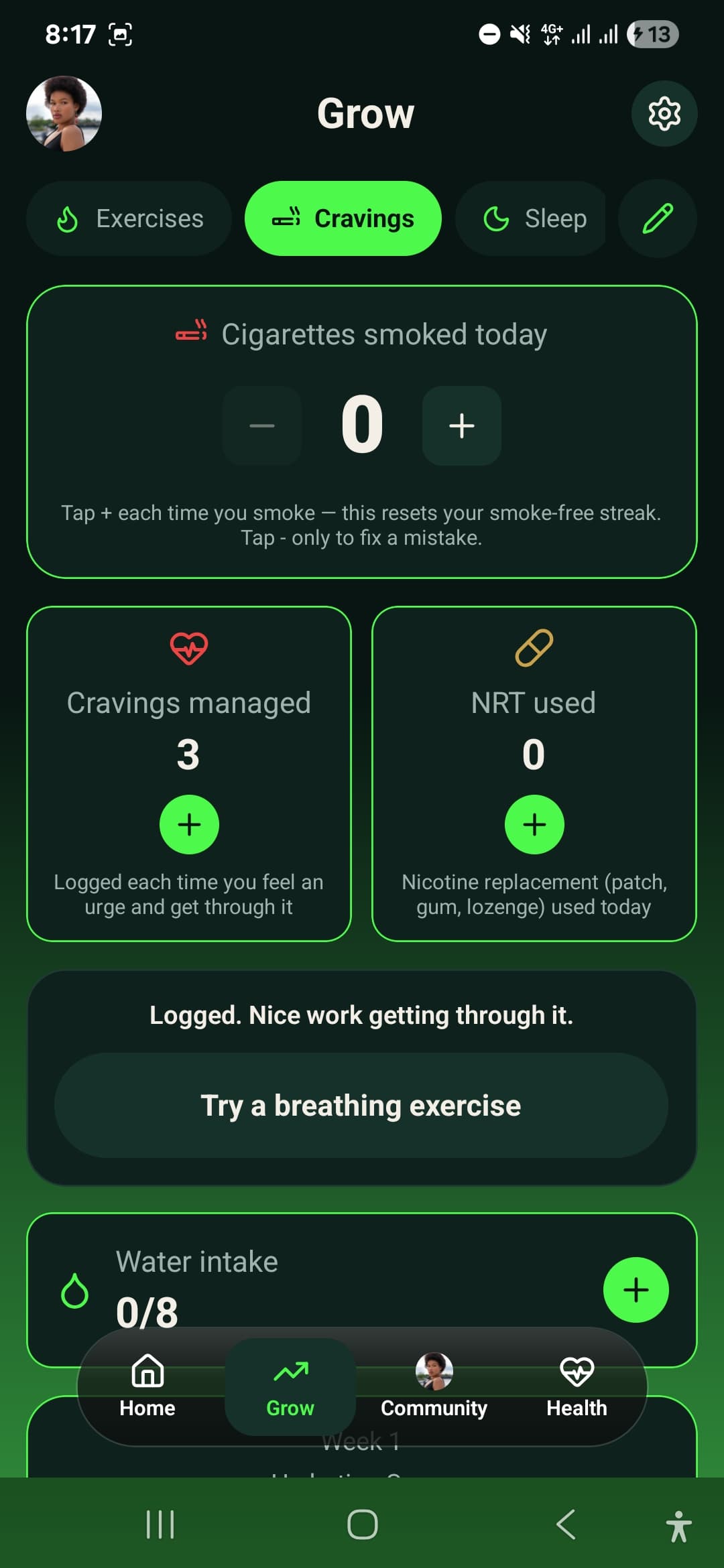 Craving tracker and breathing exercise